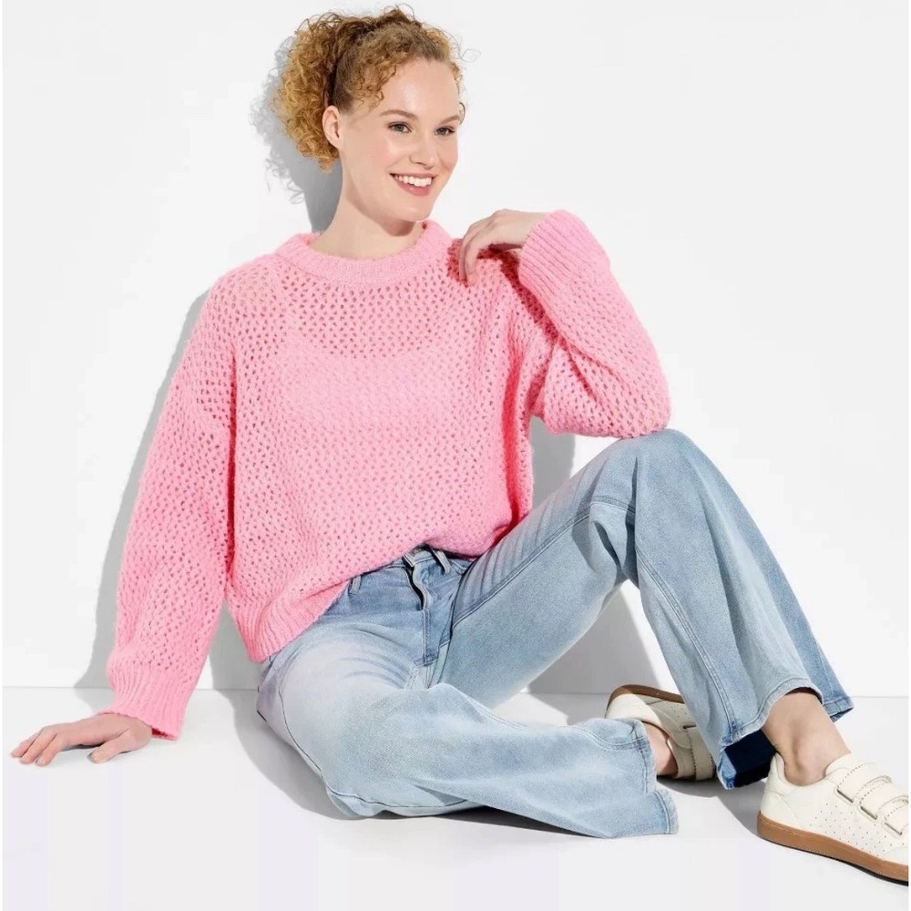 Wild Fable Pink Open Knit Crewneck Sweater Size L NWT Recycled Polyester